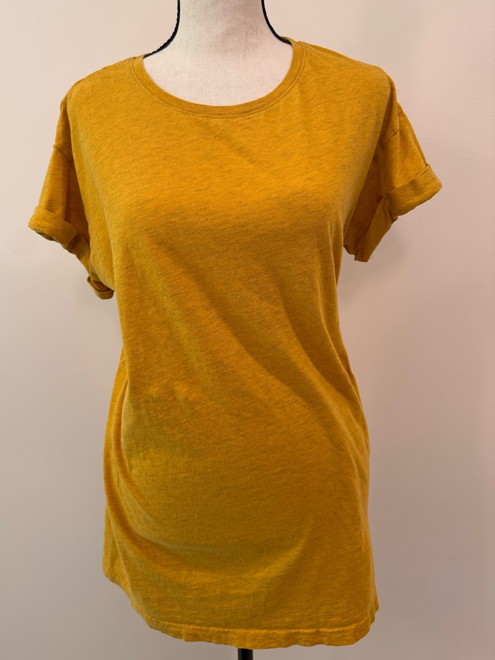 H&M Basic Mustard Yellow Cotton Rolled Sleeve Tee Shirt Small Relaxed Slub